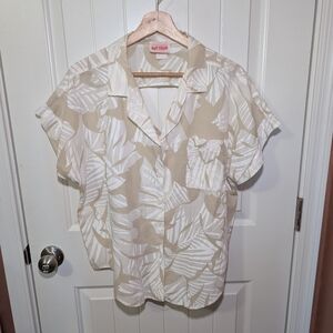 Vintage Hot Stuff Women's Tropical Keyhole Button Up Blouse Cream/White